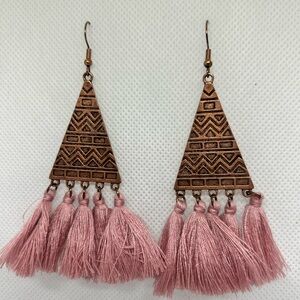 Boho Pink Tassel Triangle Geometric Copper Tone Drop Earrings Womens Statement